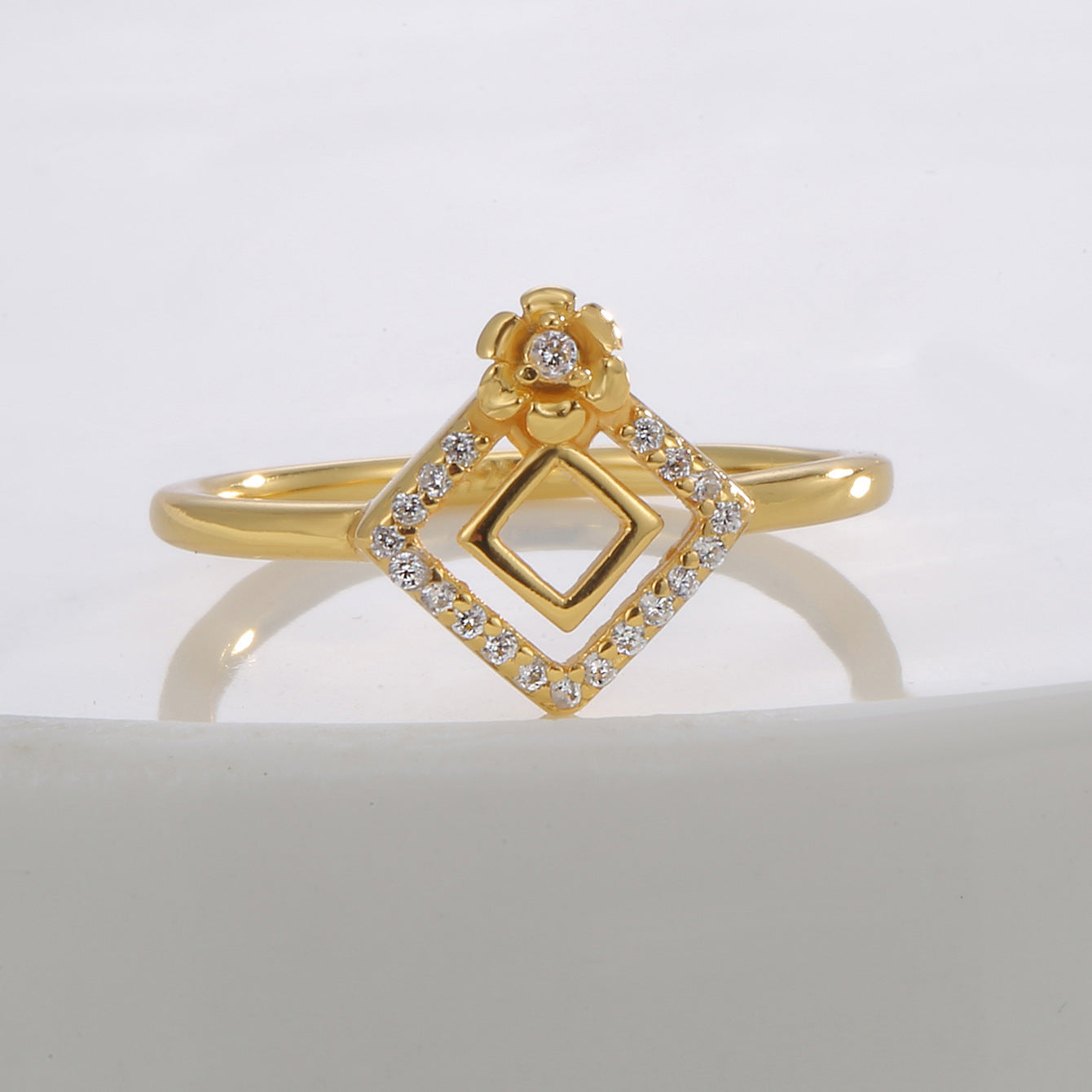 SR0009 S925Silver plating14K Gold Hollow Square Flower Inlaid Zircon Ring for Women Fashion