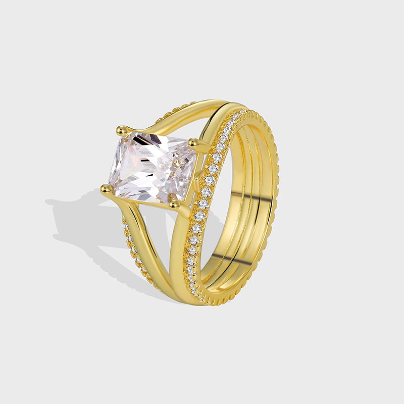 R0387 Simple Design Ring for Women, Brass with Gold Plating and Square Zircon Inlay