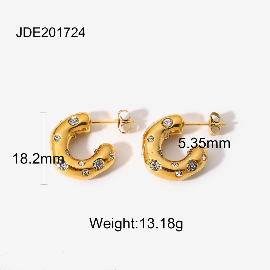 2H Fengda Brand Same Style Irregular Hammered Pattern Inlaid with Zircon and Pearl C Hoop Earrings18K Gold Stainless Steel Earrings