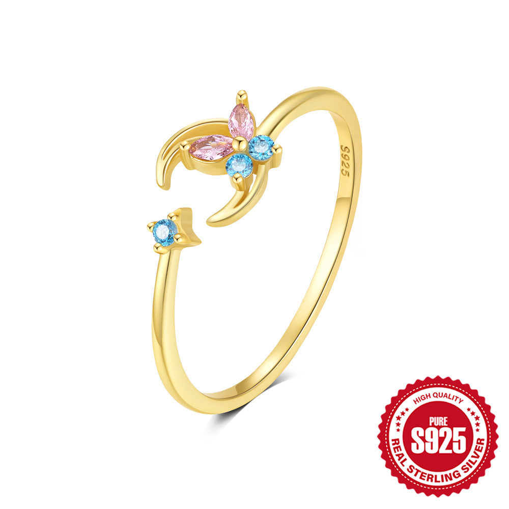 New S925Sterling Silver Bow Moon Colorful Diamond Open Ring Hot-Selling Opal Index Finger Ring