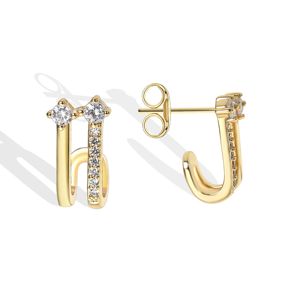 E0398 Hot-selling Copper Plated18K Real Gold Double Layer Earrings Hollow Design White Zirconia Brightening Earrings