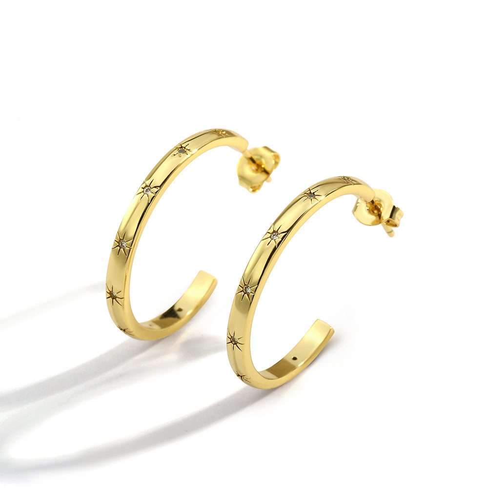 E0046Exaggerated gold Circle Star Earrings for Women with Inlaid Diamonds Round Hoop Earrings