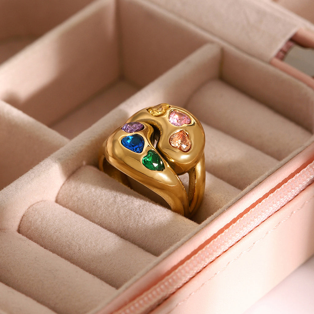 2H Stainless Steel Smooth Ring  Interlocking Water Drop White Heart-Shaped Zircon Ring