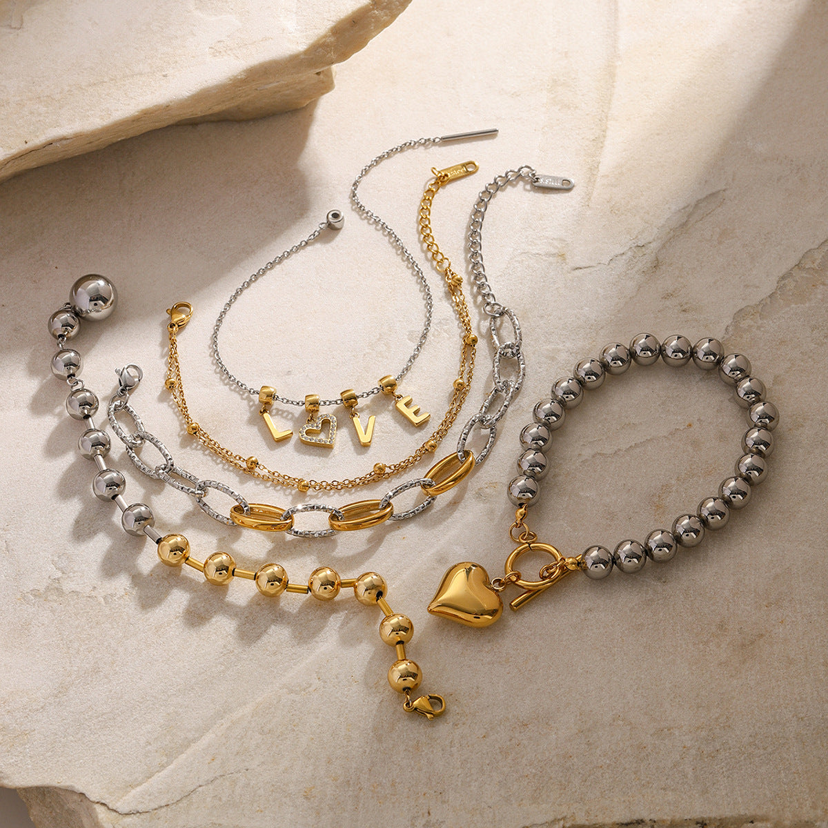 Stainless Steel Beaded Bracelet Color Block Letter Metal Chain Jewelry