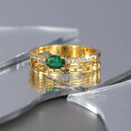 R0415 Chain Design Ring Women's Fashion Copper Plated Real Gold Green Zircon Ring