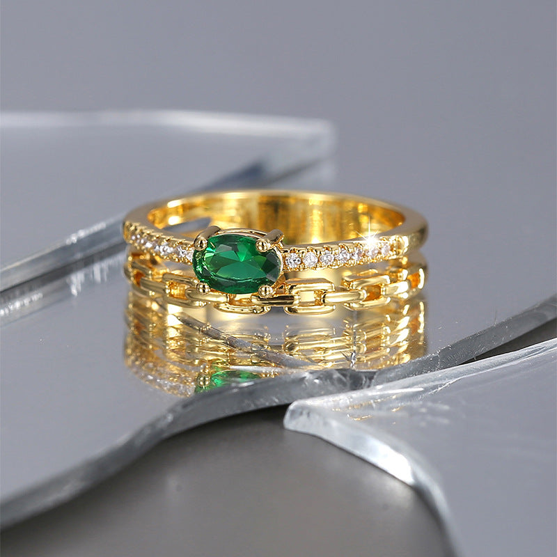 R0415 Chain Design Ring Women's Fashion Copper Plated Real Gold Green Zircon Ring