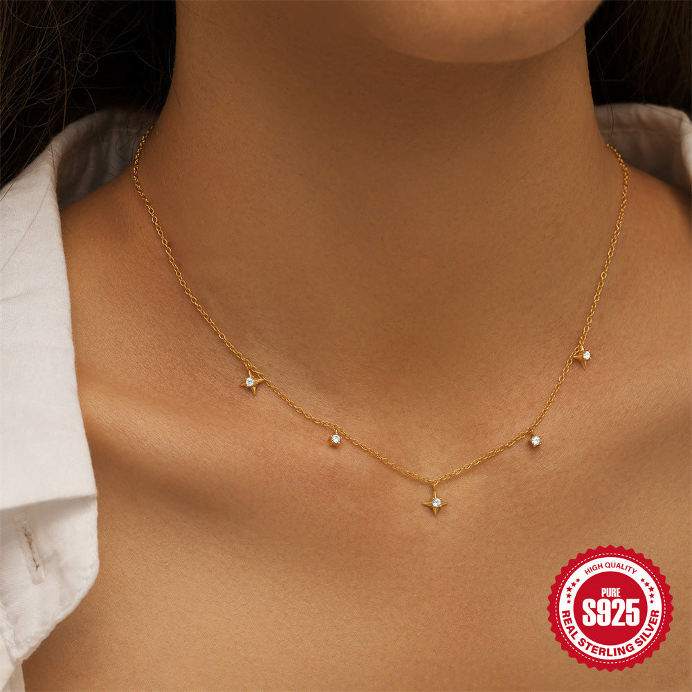 Sterling Silver Four-Pointed Star Diamond Collarbone Necklace