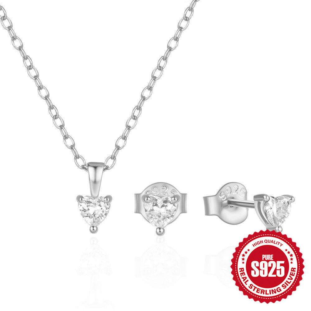 S925 Sterling Silver Heart Earrings Necklace Set With Clavicle Chain