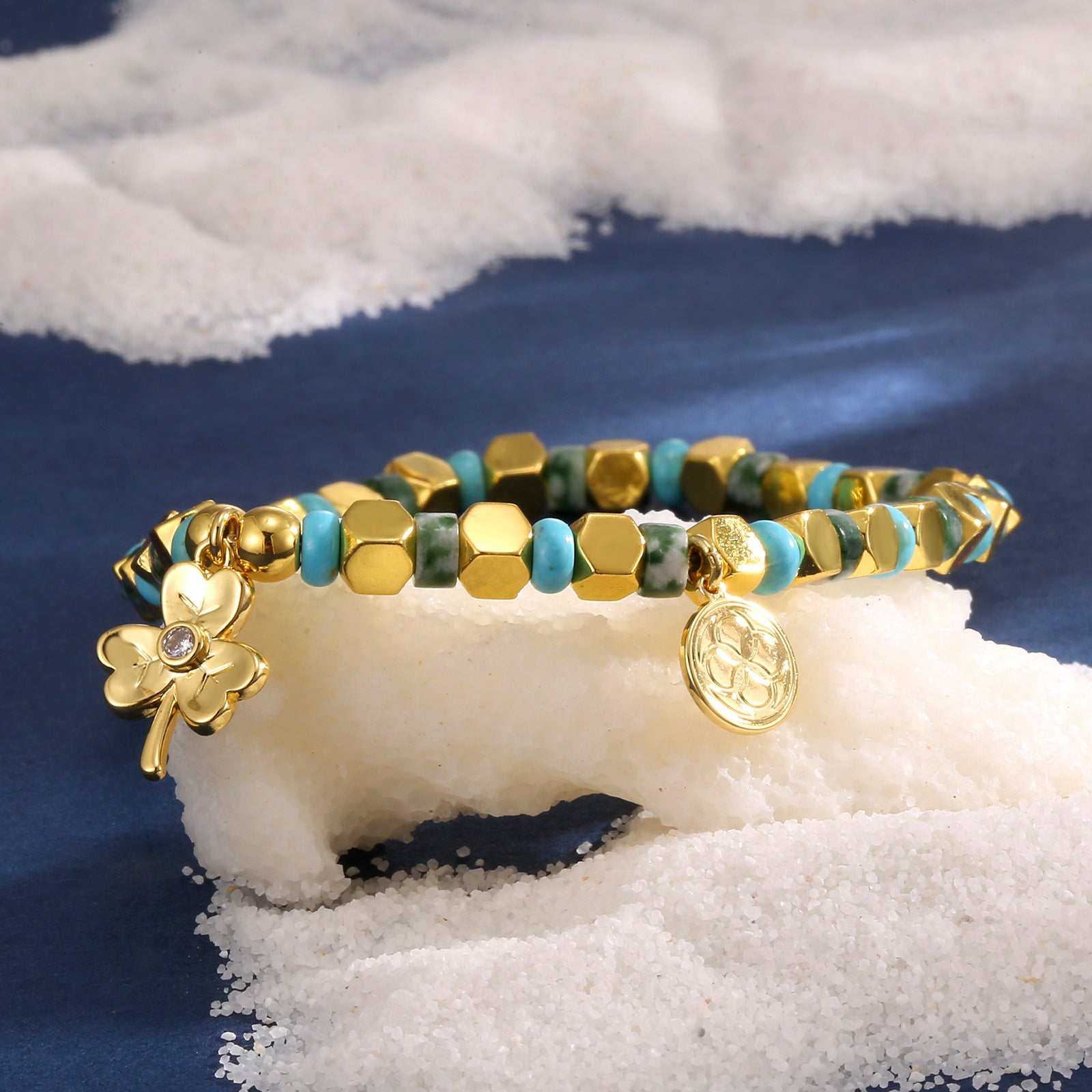 B0248 Bohemian Vintage Clover Inlaid Zircon Bracelet Holiday Beaded