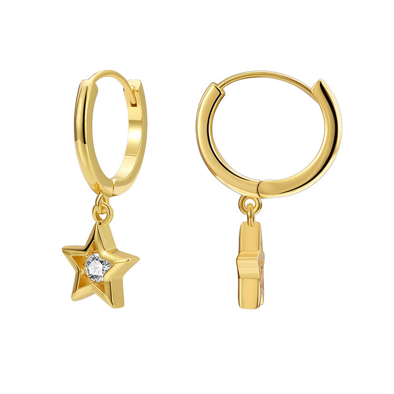 E0668 Fashion Simple Star-Shaped Pentagram Earrings for Women Copper Gold-Plated Zircon Star Earrings