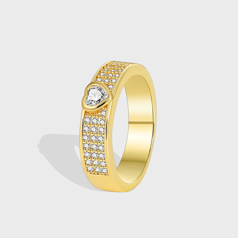 R0354 Fashion Ring for Women Brass Gold-Plated Simple Heart-Shaped Zircon Ring