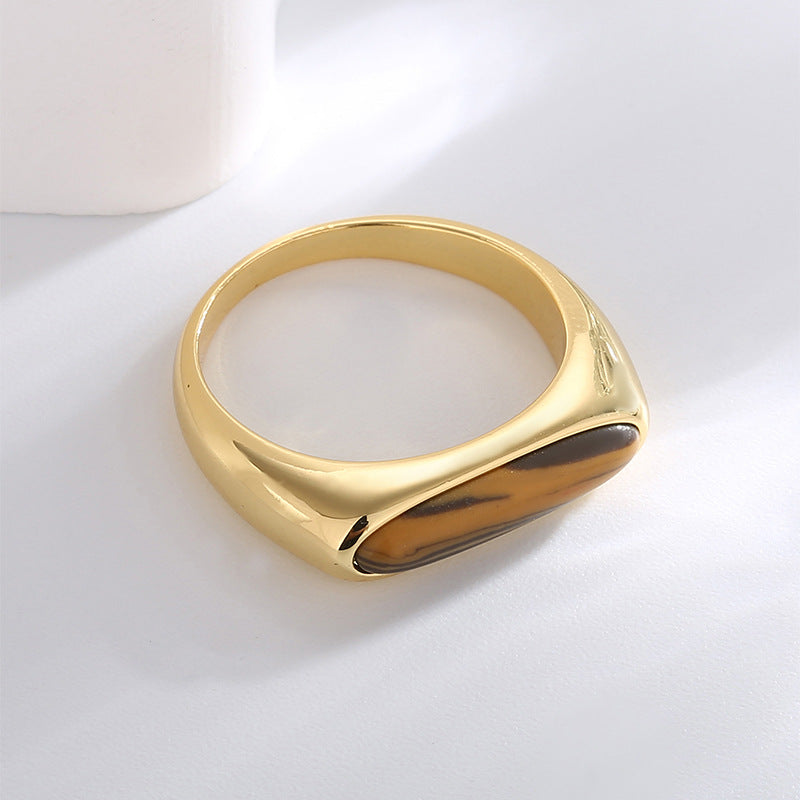 R0301 Simple Elegant Tiger Eye Stone Ring for Women Copper Plated with Real Gold Vintage Melad Ring