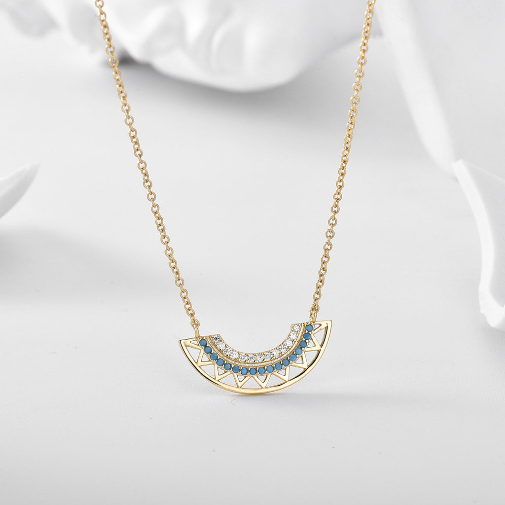 N0124 Bohemian Geometric Fan-Shaped Hollow Pendant Turquoise Necklace Jewelry