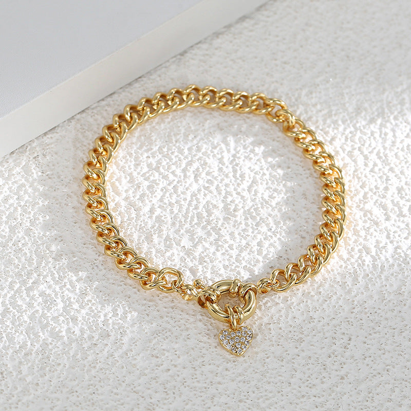 B0100 Fashion Retro Copper Gold-Plated Heart-Shaped Micro-Paved Zircon Bracelet for Women Wholesale