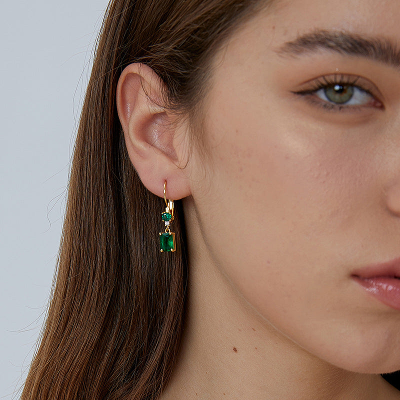 E0477 Design Sense Earrings for Women, Copper Gold-Plated Square Green Zircon Earrings