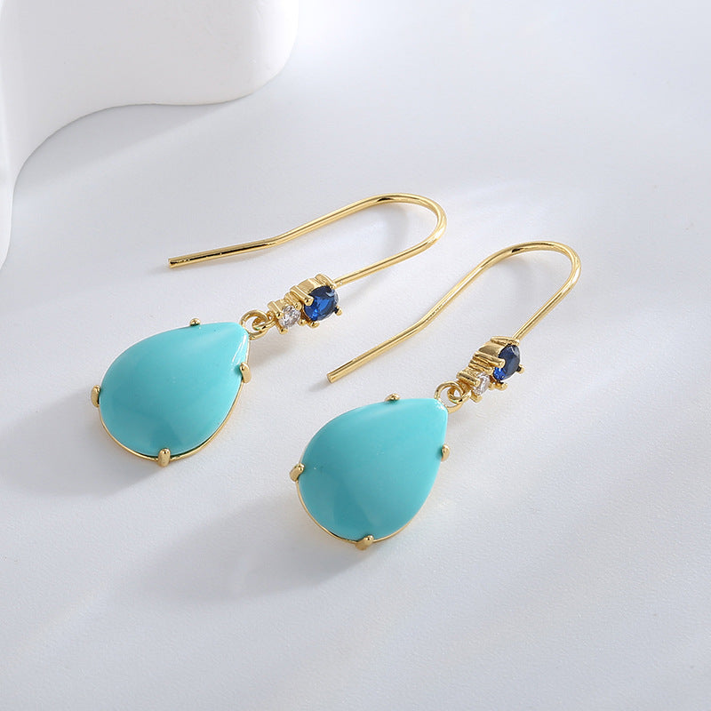 E0478 Elegant and fashionable Water Drop Blue Turquoise Ear Hook Women's retro Inlaid Blue Zircon Ear Jewelry