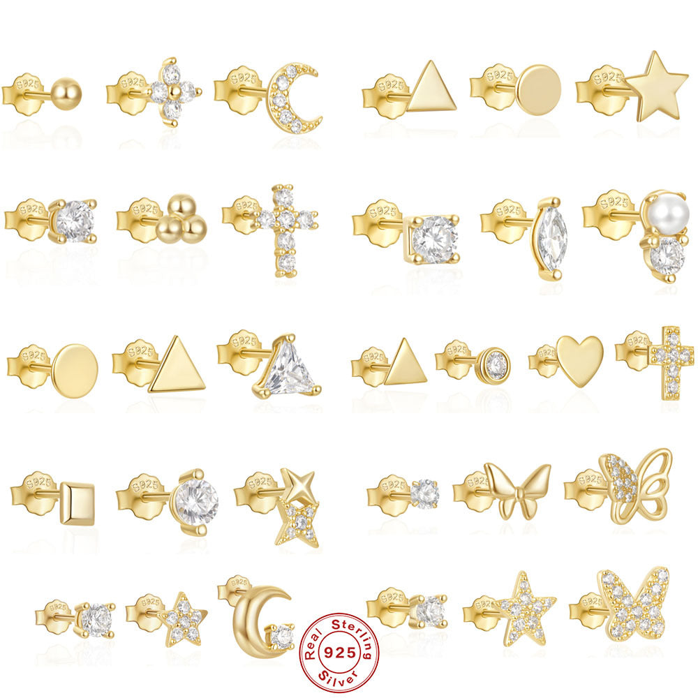 New925Sterling Silver Geometric Star Moon Diamond Set Earrings Hot Selling Pearl Earrings Earrings