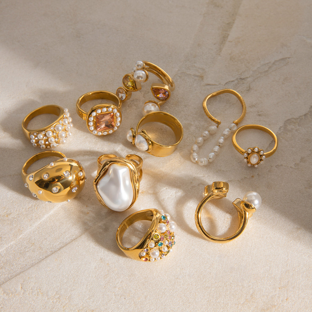 2H Stainless Steel Pearl Exaggerated Ring Ring rings Non-Fading Jewelry