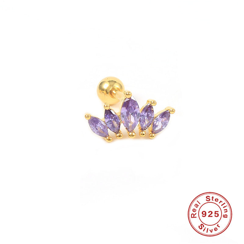 S925Pure Silver Single Crown Ear Bone Stud Earrings Bestselling Fashion Diamond-Studded Threaded Ear Piercing Women's Ear Jewelry