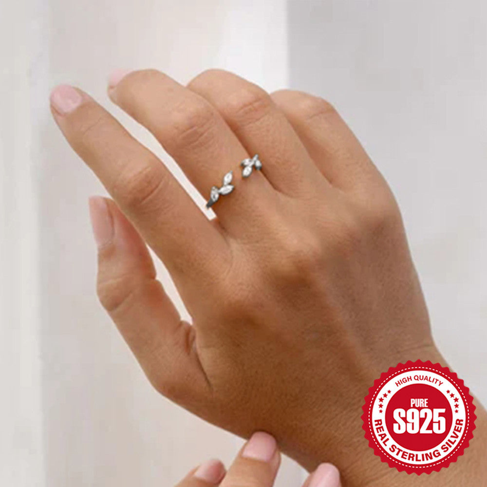 New S925Sterling Silver Leaf Open Ring for Women with Small Zircon, Trendy Fashion Adjustable Open Ring for Index Finger