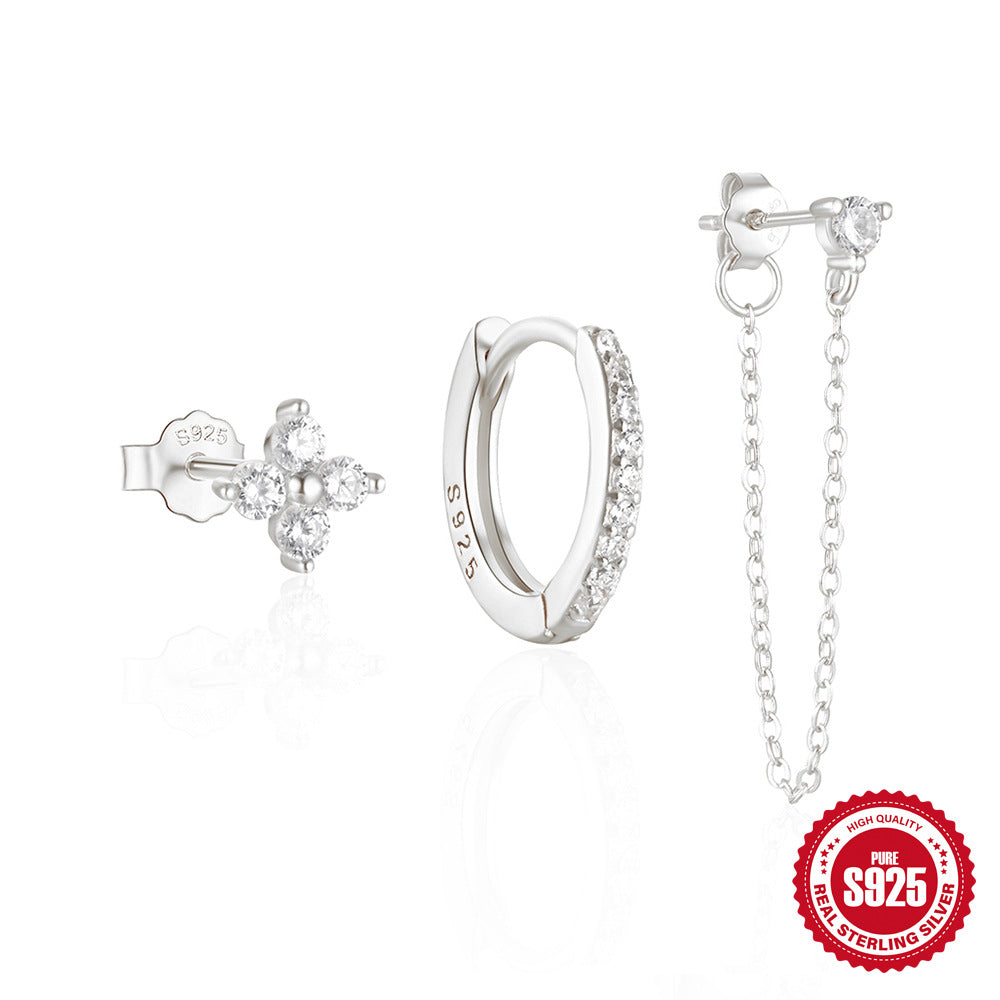 New925Sterling Silver Daily Matching Hoop Earrings with Diamond Inlay Chain Tassel Earrings Jewelry Set Hot Sale