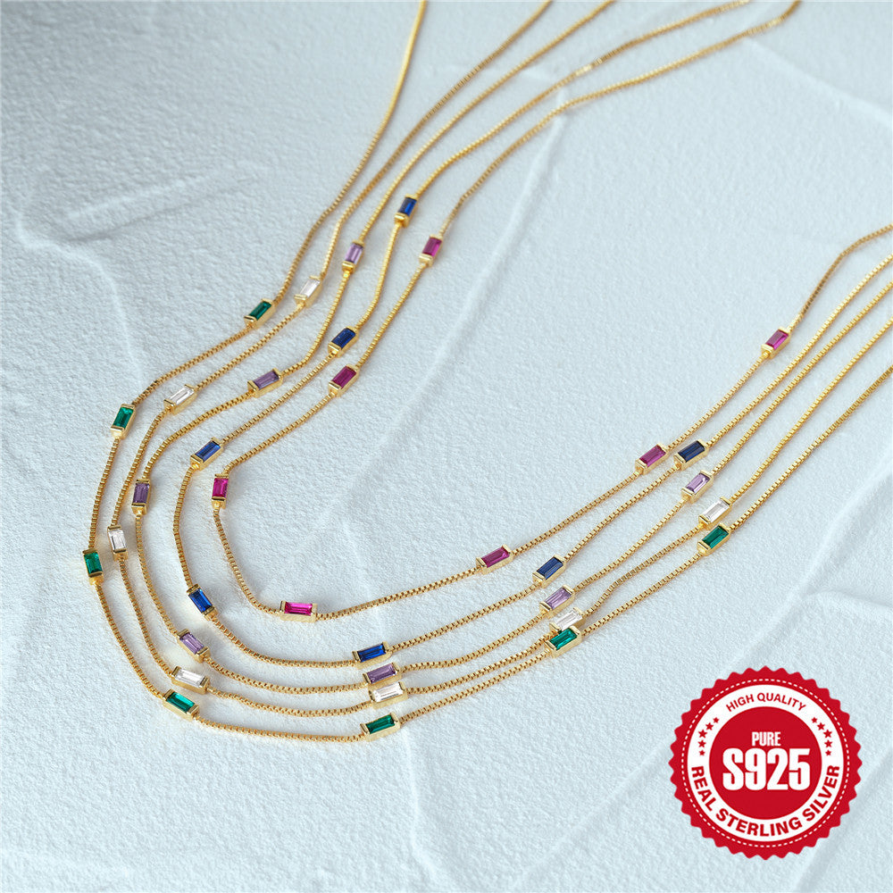 925 Silver Simple Thin Chain Colorful Diamond Collarbone Necklace