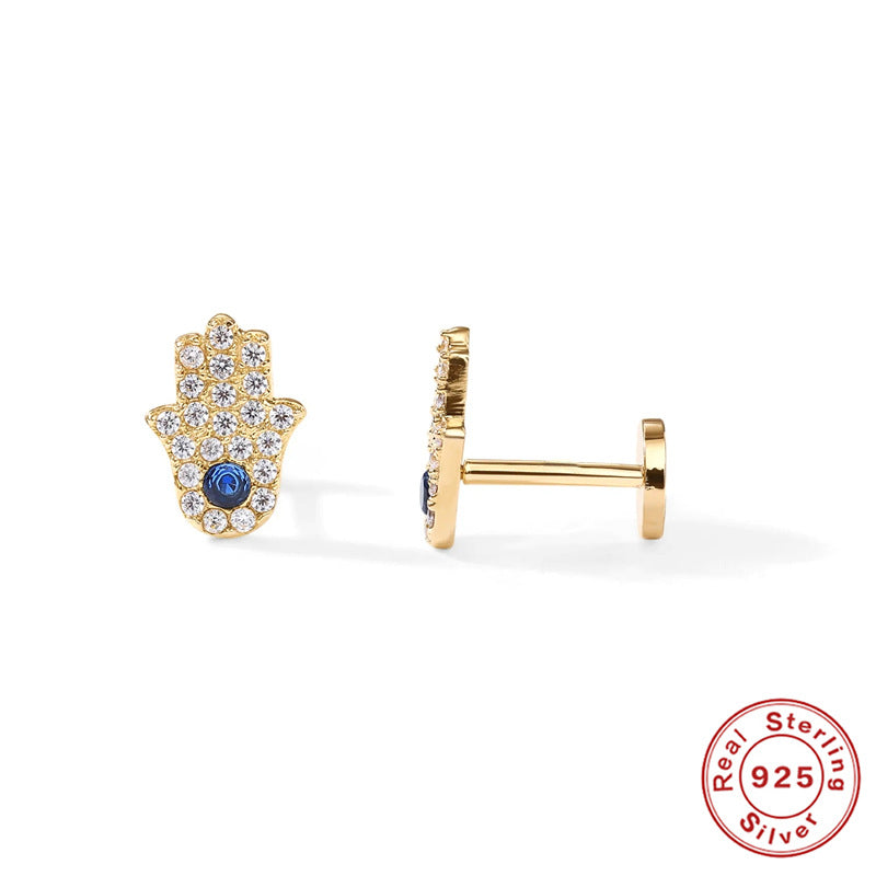 S925Sterling Silver Diamond-Encrusted Devil's Eye Flat Head Threaded Piercing Cartilage Earrings Snake Smiley Face Ear Bone Studs for Women