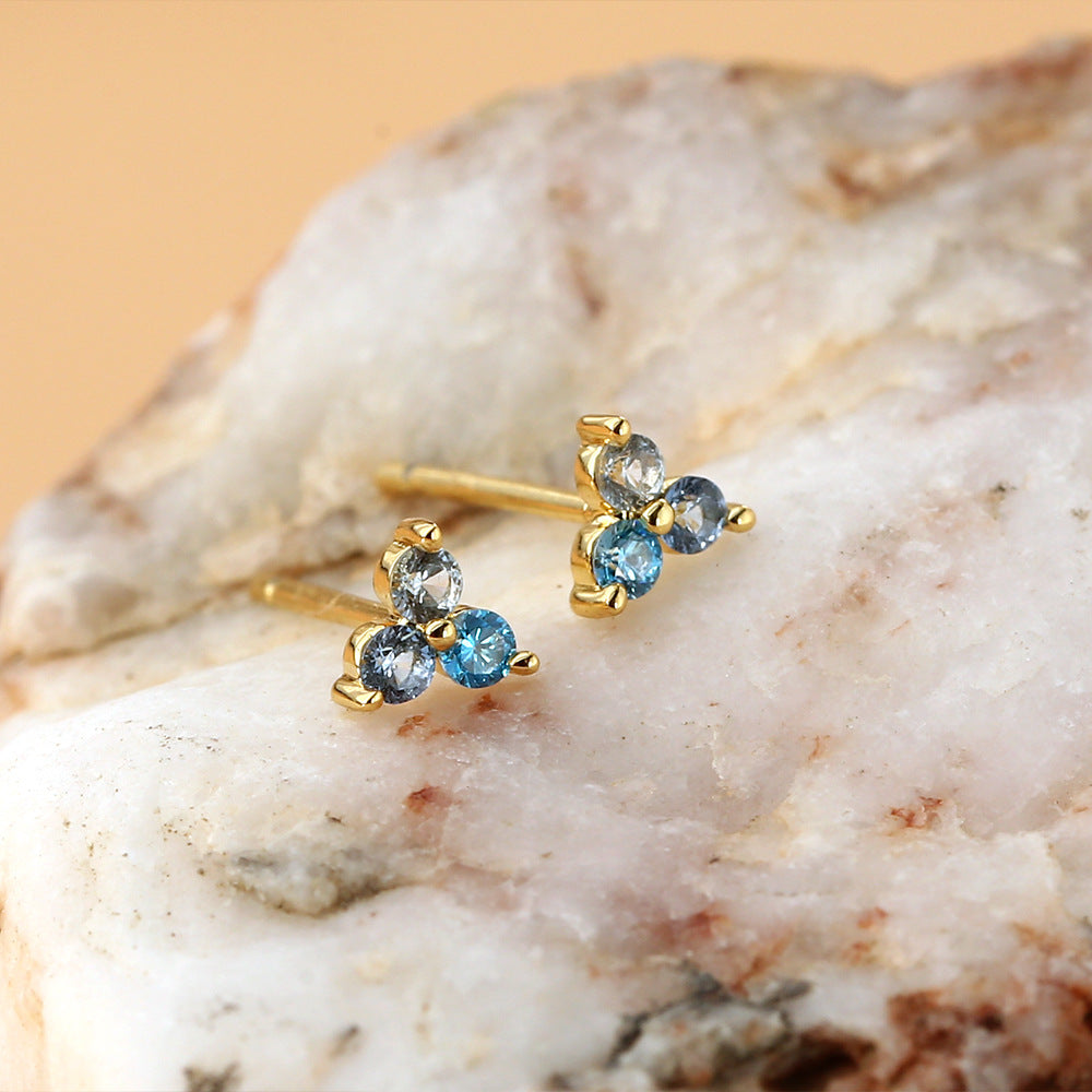 925Silver Needle Blue Gradient Zircon Mini Earrings for Women, Color-Block Earrings, Hypoallergenic Earrings