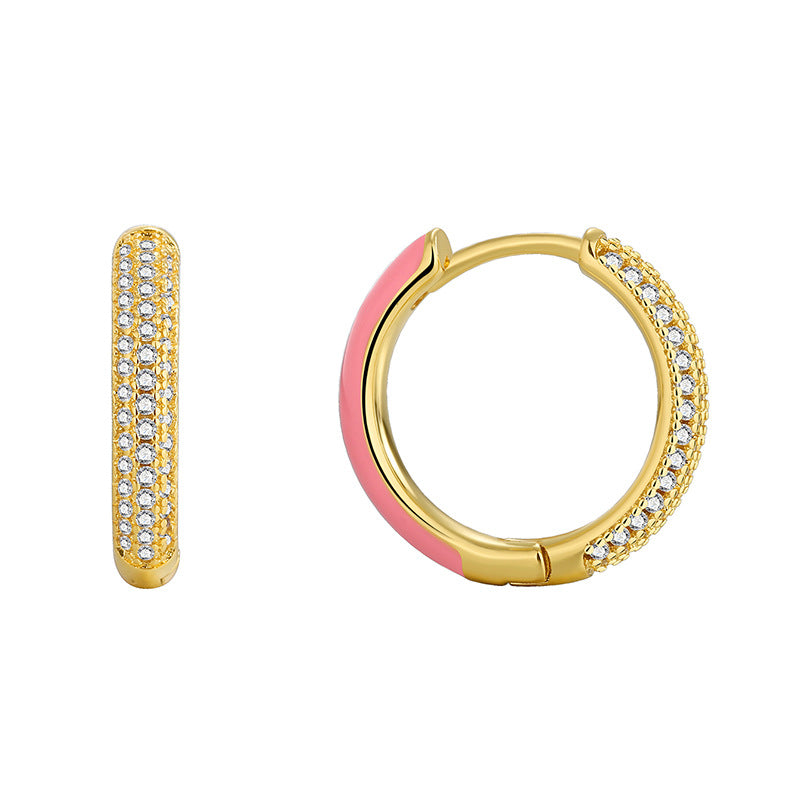 E0497 Simple Elegant Fashion Earrings for Women Pink Resin Micro Inlaid Zircon Hoop Earrings
