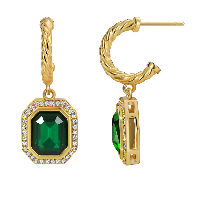 E0566 Vintage Emerald Zircon Earrings for Women with Micro-inlaid White Zircon Design
