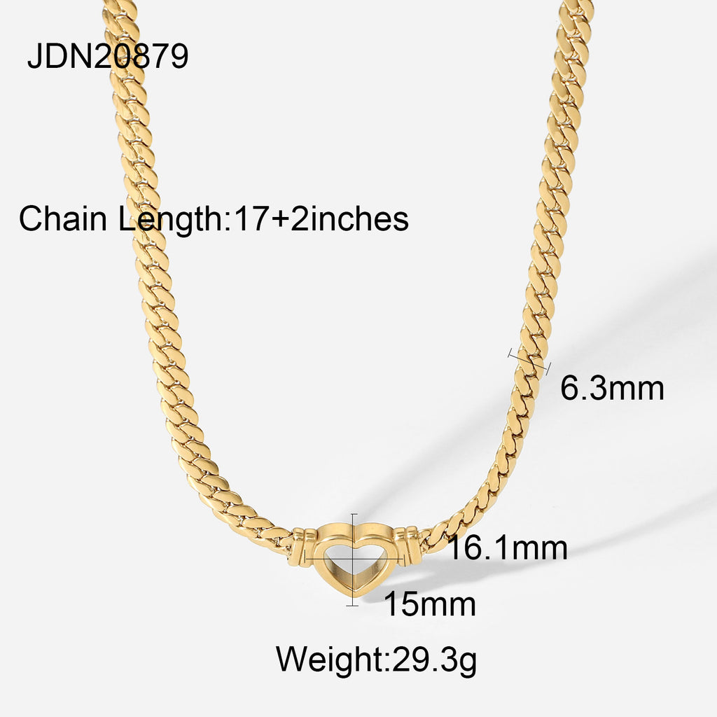 2H New Trend Stainless Steel Cuban Chain Heart Necklace14K Gold-Plated Hollow Flat Snake Chain Heart Pendant for Women Layered Wear