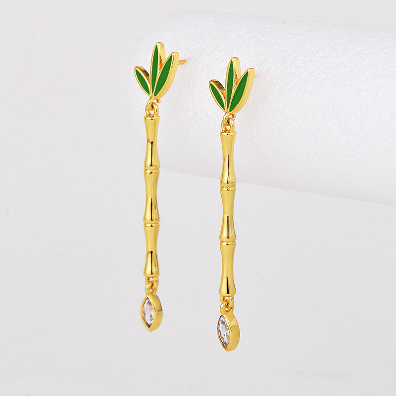 E0624 Korean Fashion Mori Style Clover Resin Earrings for Women Copper Gold Plated Bamboo Tube Water Drop Zircon Earrings