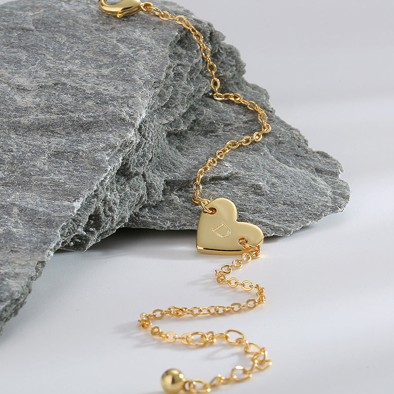 B0182  Korean Version Fashion Simple Heart-shaped Bracelet for Women gold Love Heart26Minimalist Letter Style