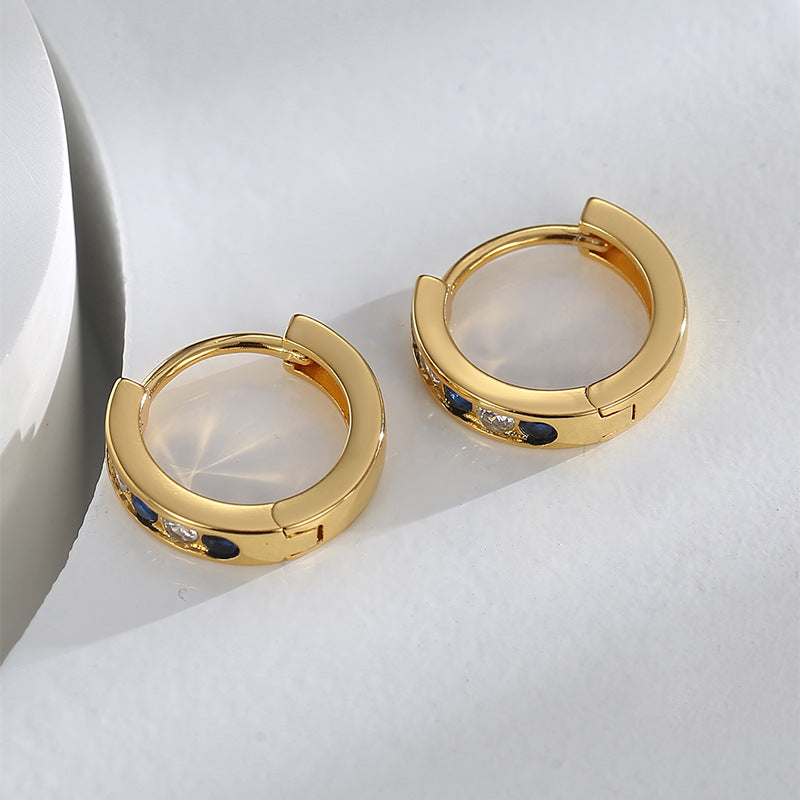 E0603 Fashion New Simple Plain Hoop Unisex Earrings Minimalist Inlaid Two-tone Zircon Hoop