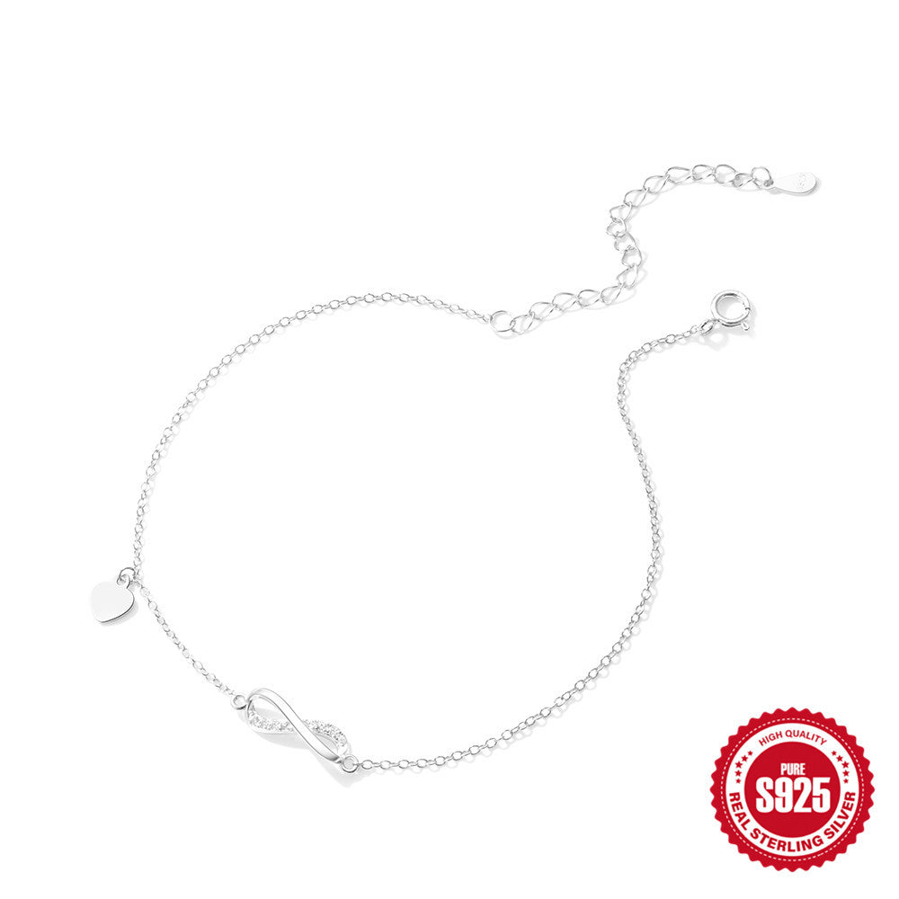 New925Sterling Silver Simple Infinity Symbol8Word-embellished Diamond Heart Anklet Hot-Selling Women's Anklet