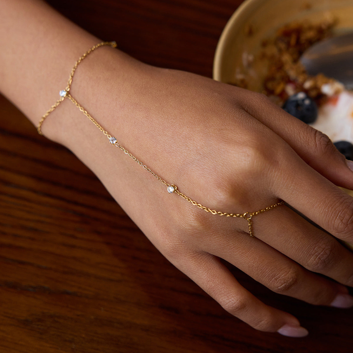 Zirconia Finger Bracelet Stainless Steel Bangle Ring Non-Fading Jewelry for Women