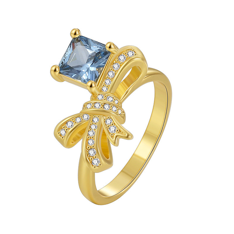 R0492 Design Gift Knot Ring Female Brass Gold Plated Inlaid Blue Square Zircon