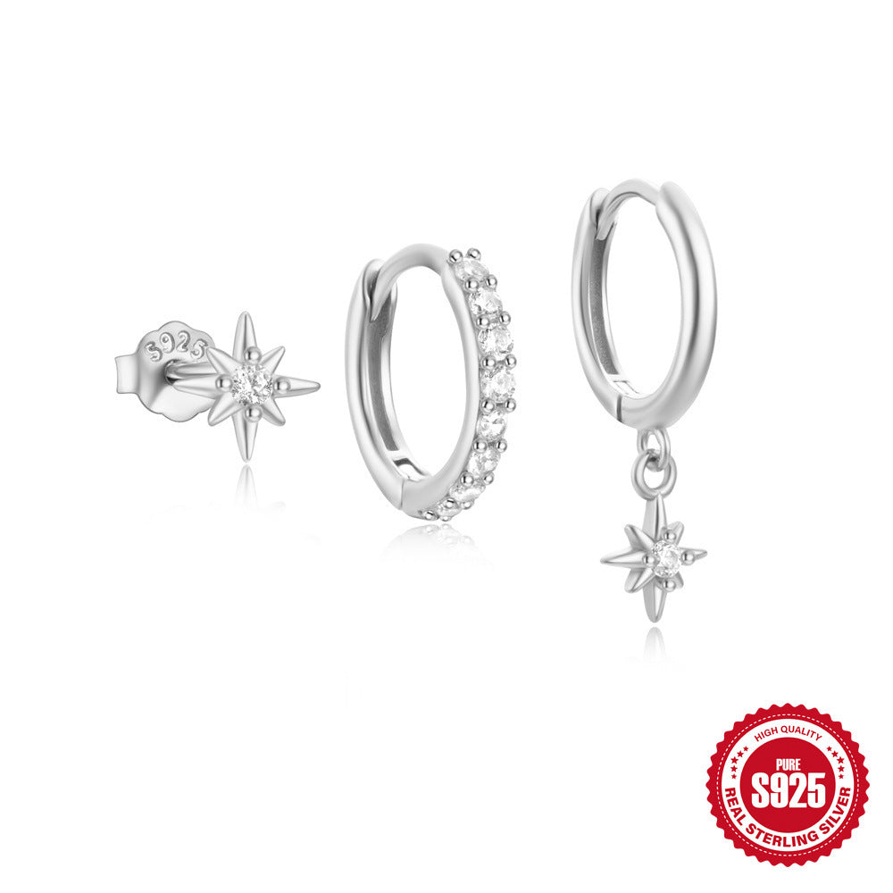 925Sterling Silver Eight-Pointed Star with Diamond Inlay Classic3Set of Earrings Hoop Earrings Hot-Selling Horse Eye Water Drop Earrings
