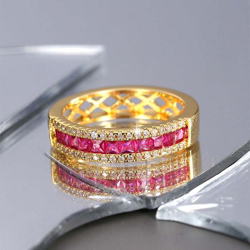R0397 Hong Kong Fashion Couple Simple Single Row Red Zircon Ring for Women Copper Plated18K Golden Fashion