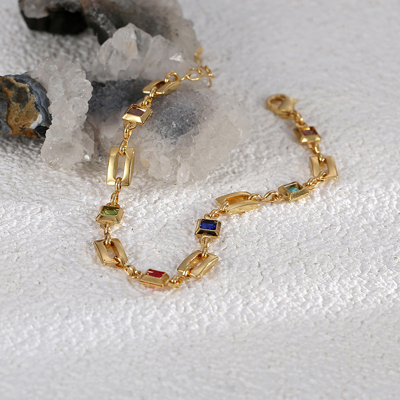 B0139 New Fashion Retro Colorful Stone Bracelet for Women Geometric Multicolor Brass Gold Plated