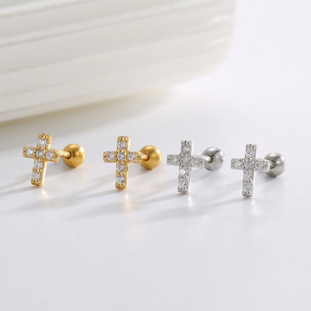 SE0217 925Silver Zircon Cross Design Stud Earrings Personality Ear Jewelry