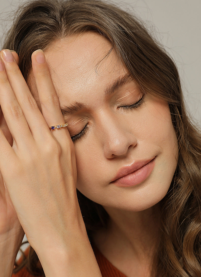 R0292 New Blue Pink Double Zirconia Ring for Women Simple Ring