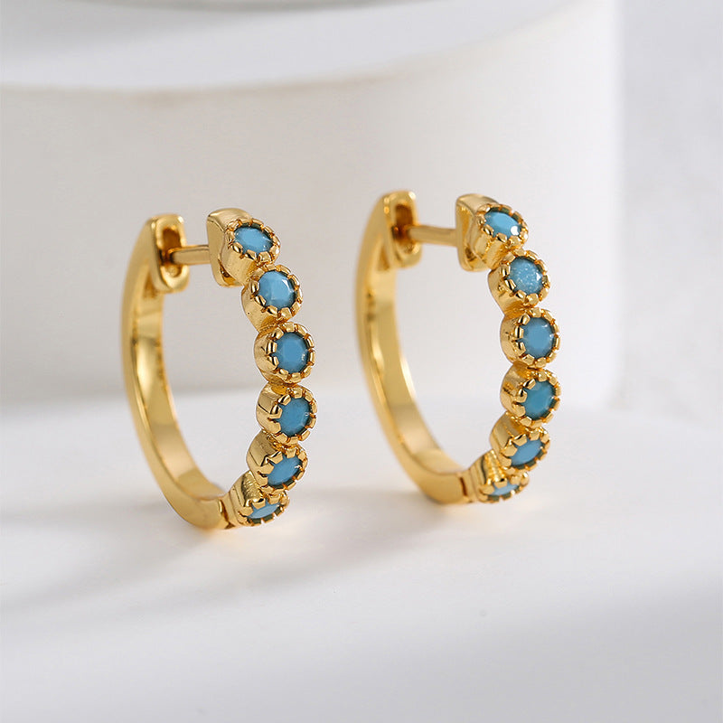 E0490 Fashion Blue Turquoise High-End Design Earrings for Women Brass Gold-Plated Simple Hoop Earrings