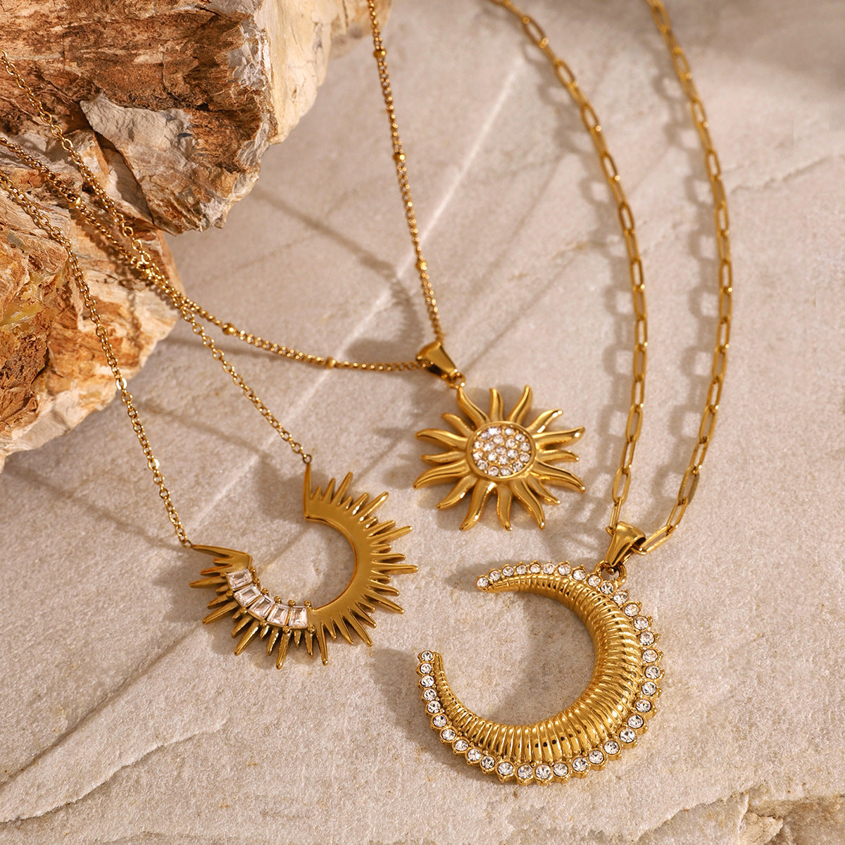 Stainless Steel Zircon Necklace Sunflower Collarbone Chain Moon Pendant Choker