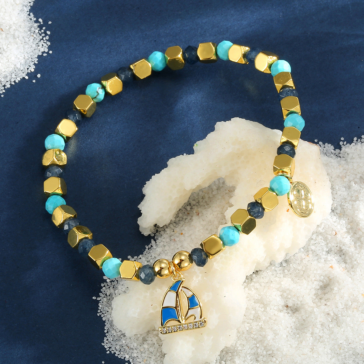 B0272 Chalcedony Blue Shell Beaded Fashion Trend Sailboat Bracelet