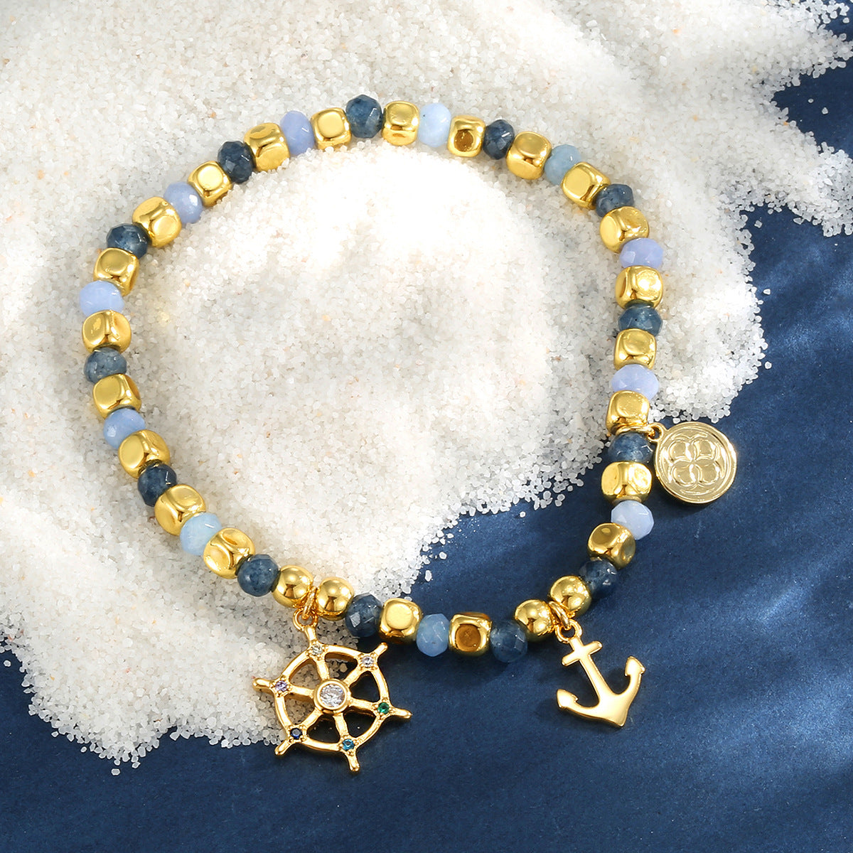 B0273 Ocean Pirate Series Chalcedony Beaded Vintage Anchor Rudder Bracelet