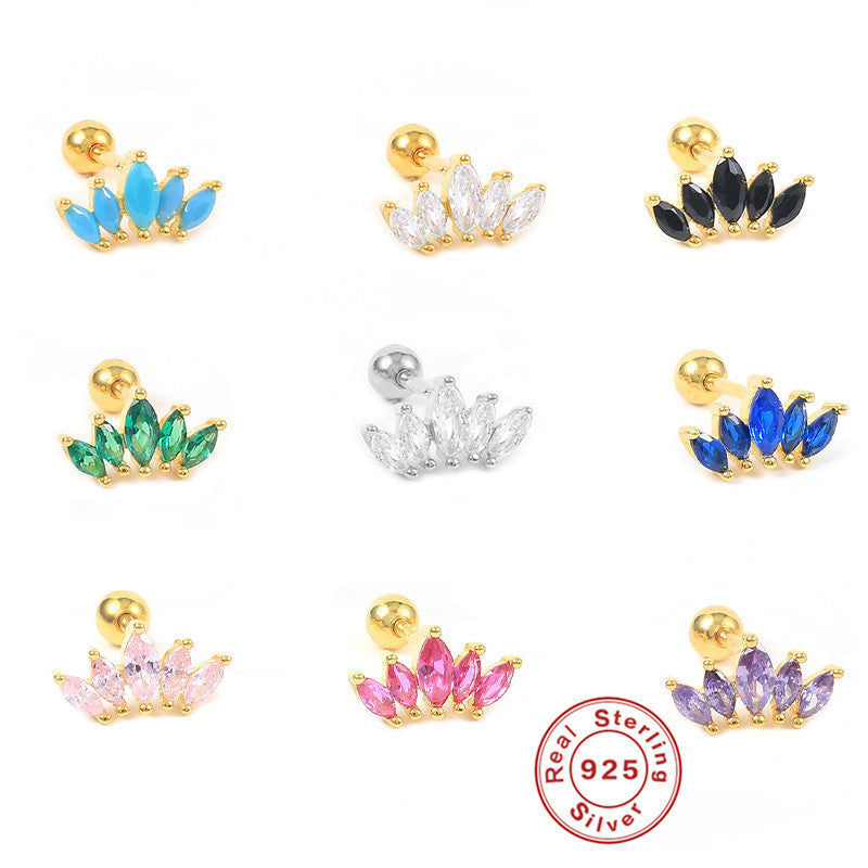 S925Pure Silver Single Crown Ear Bone Stud Earrings Bestselling Fashion Diamond-Studded Threaded Ear Piercing Women's Ear Jewelry