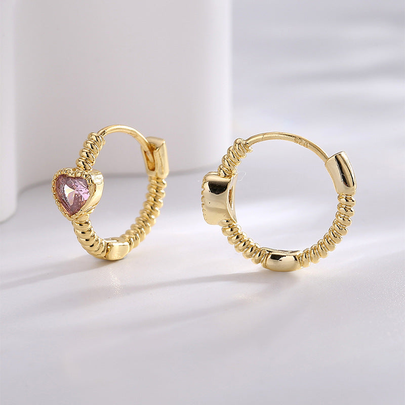 E0670 Elegant and fashionable Earrings Female Brass Gold Plated Inlaid Heart-shaped Pink Zircon Ear Jewelry