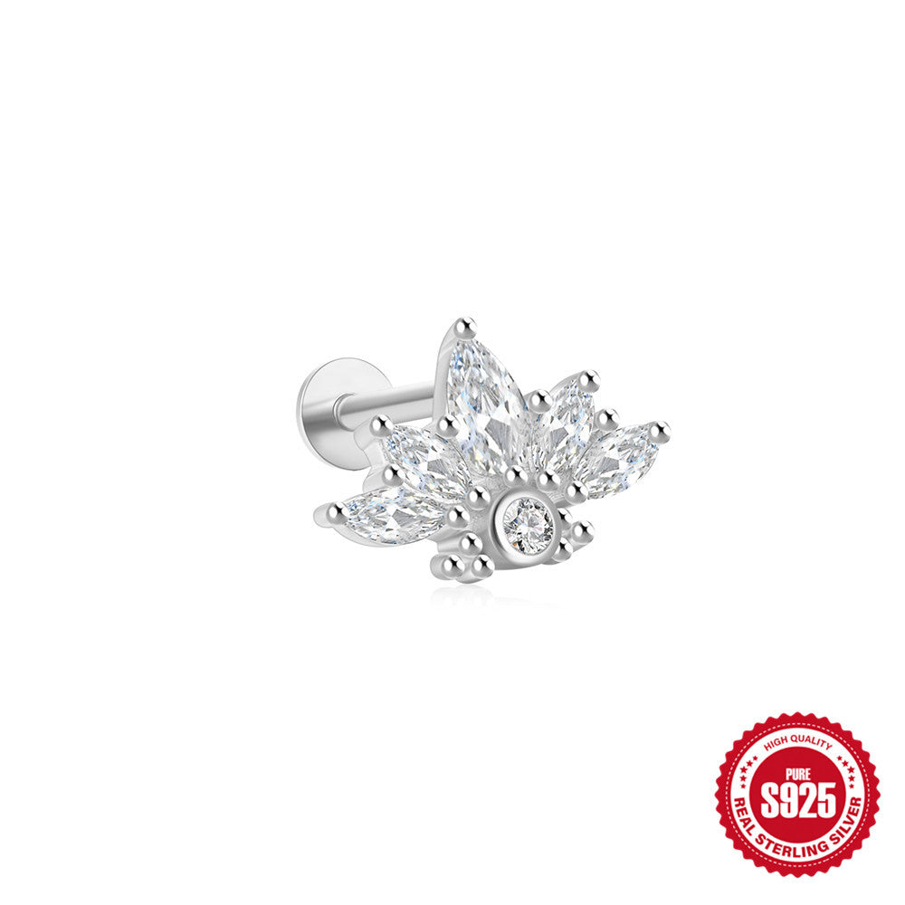 S925Sterling Silver Geometric Star Inlaid with Diamonds Fashion Flat Head Piercing Threaded Ear Bone Stud New Hot-Selling Earrings for Women