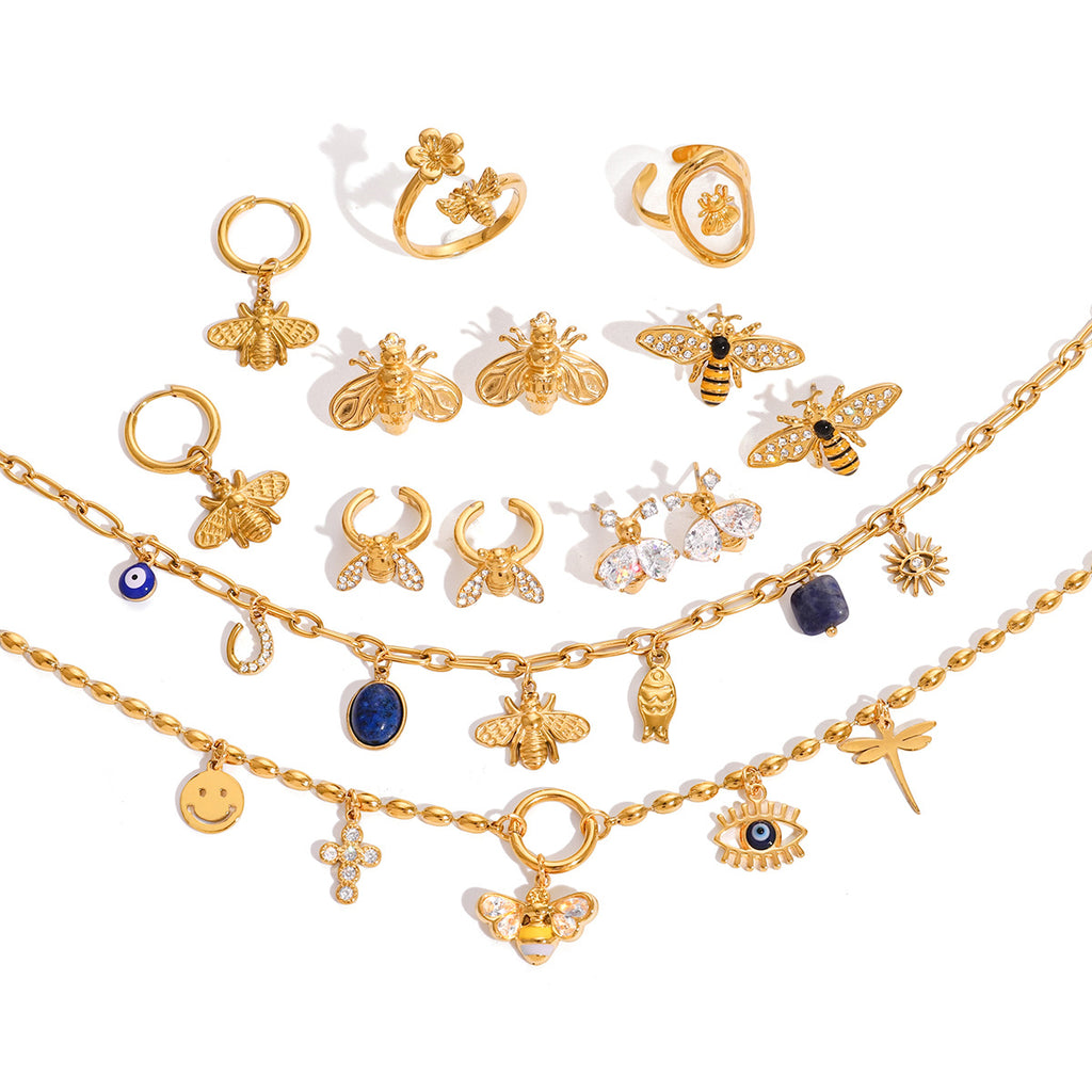 Stainless Steel Bee Earrings Ring Necklace Ring Non-Fading Bracelet